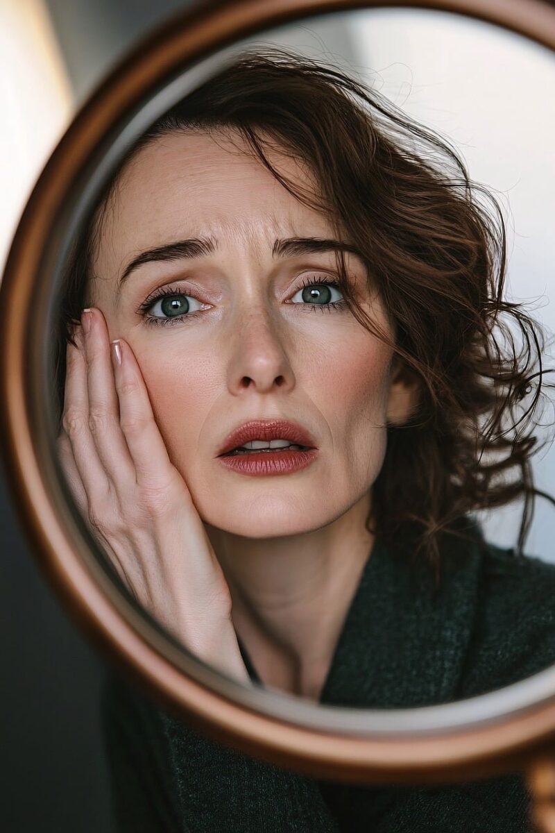 IM Injections 2 ai generated, woman, face, mirror, shocked, surprise, skin, beauty, reflection, portrait, female, adult, emotion, expression, reaction, skincare, cosmetic, problem, dermatology, aging, worry, anxiety, unhappy, stressed, health